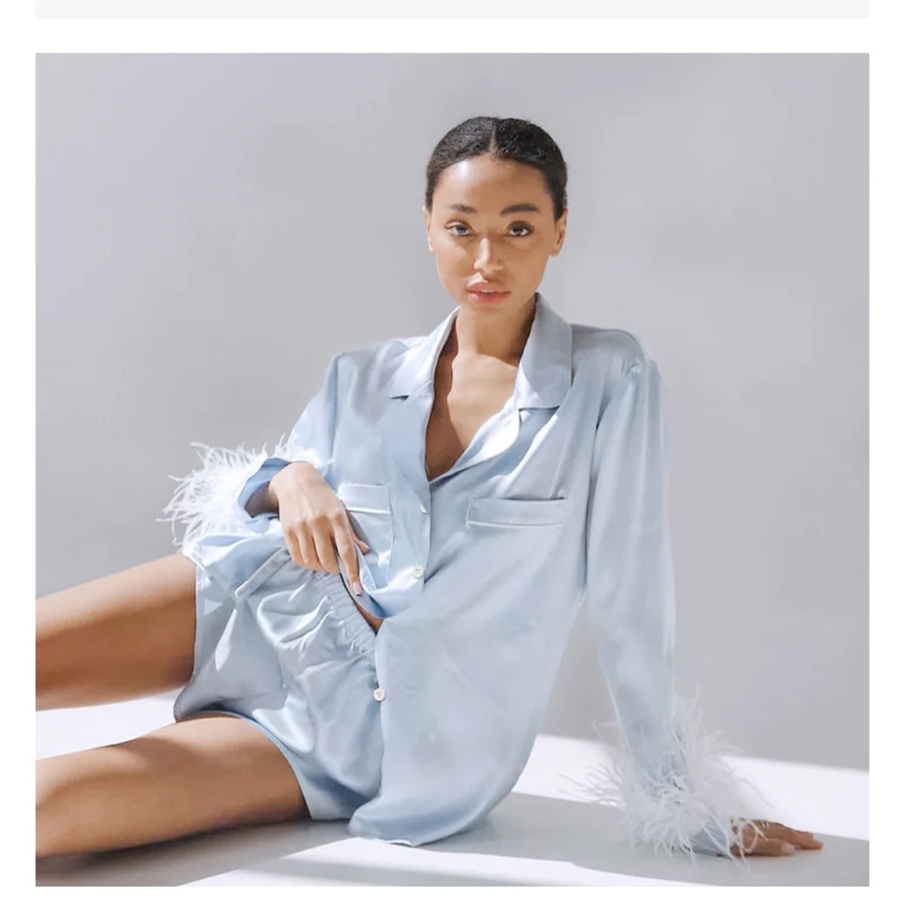 *Brand New* Feather-Trim Silk Pajama Set